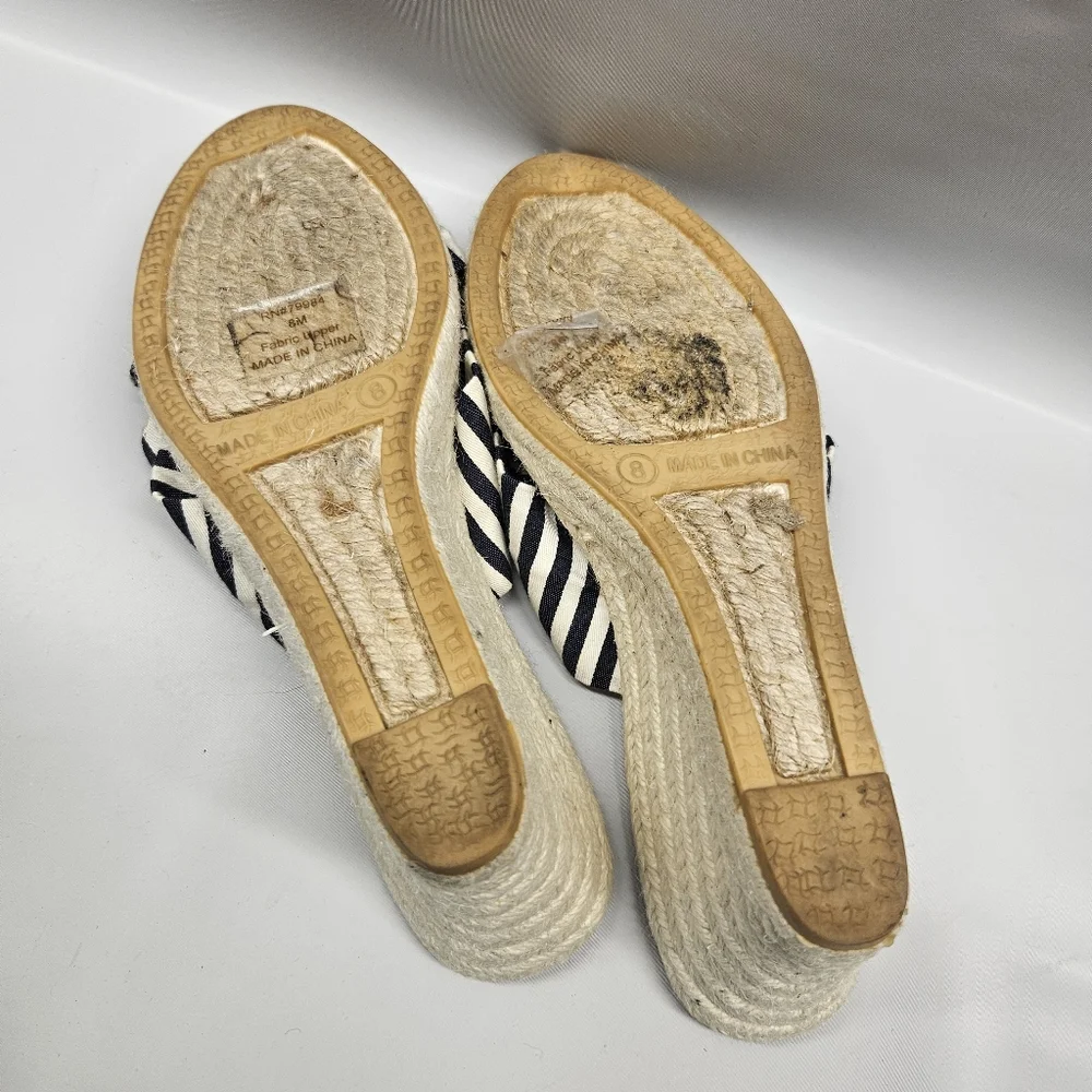 Chicos Wegde Heels Open Toe Espadrille Nautical Canvas Bow Blue Off White Womens